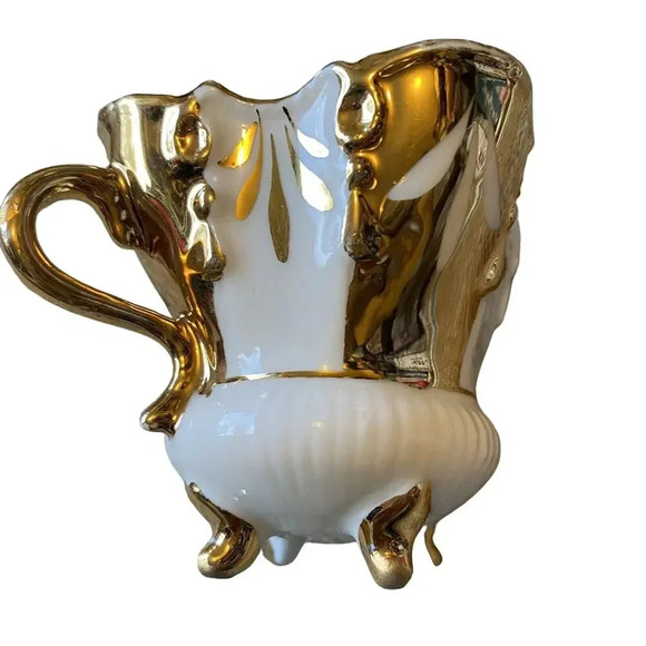 Antique 1498 Mini Tea Cup No Saucer White Porcelain Gold Plated Cottagecore - Picture 2 of 9